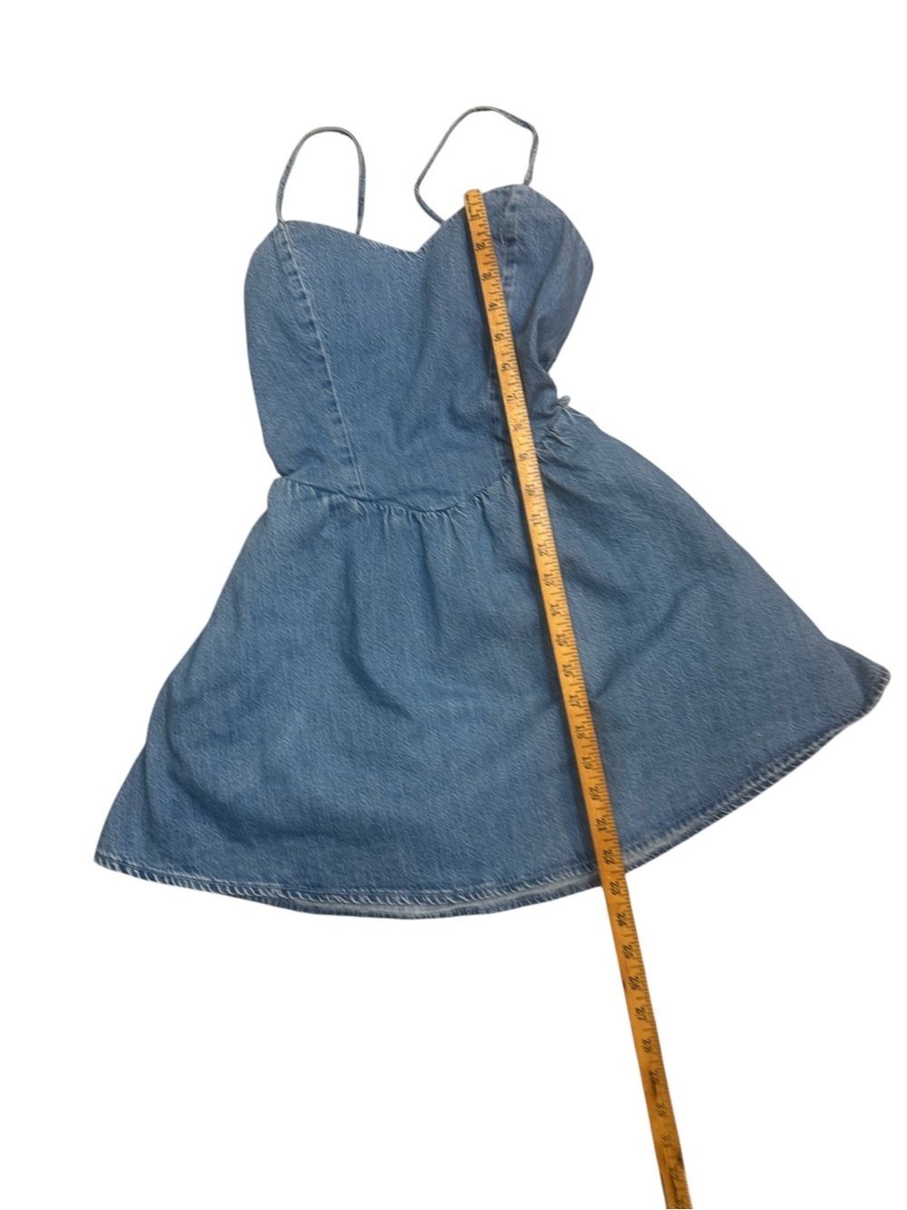 Hollister Denim Fit & Flare Mini Dress XS Sweetheart Neck Open Back Tie Pockets - Picture 5 of 11